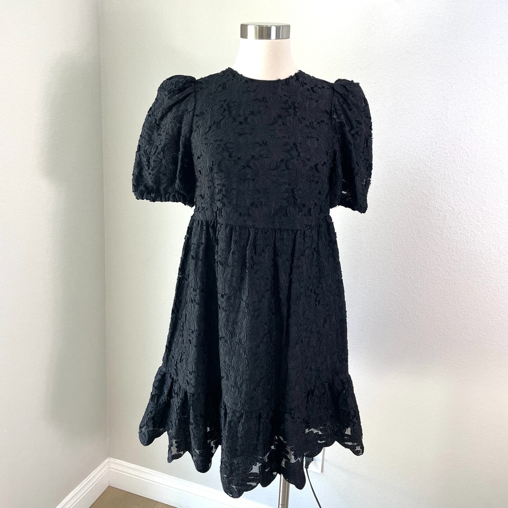 NEW $129 & Other Stories Womens 2 Puff Sleeve Jacquard Black Mini Babydoll Dress